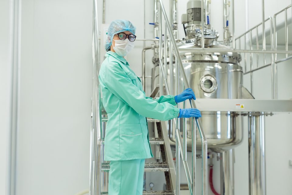 Stainless steel process equipment inside a pharmaceutical clean room